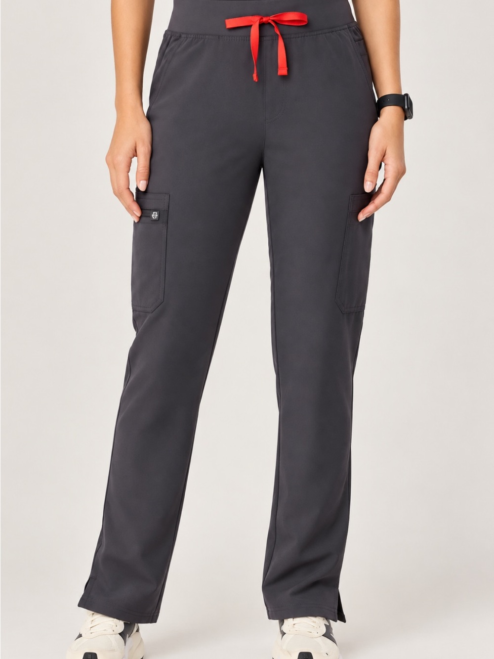 Women's Charcoal Cargo Scrub Pants with Red Drawstring